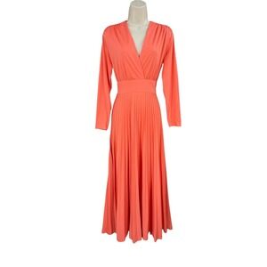 Vintage Vicky Vaughn 70s Dress Women Size M Coquette Party Coral Pleated Maxi